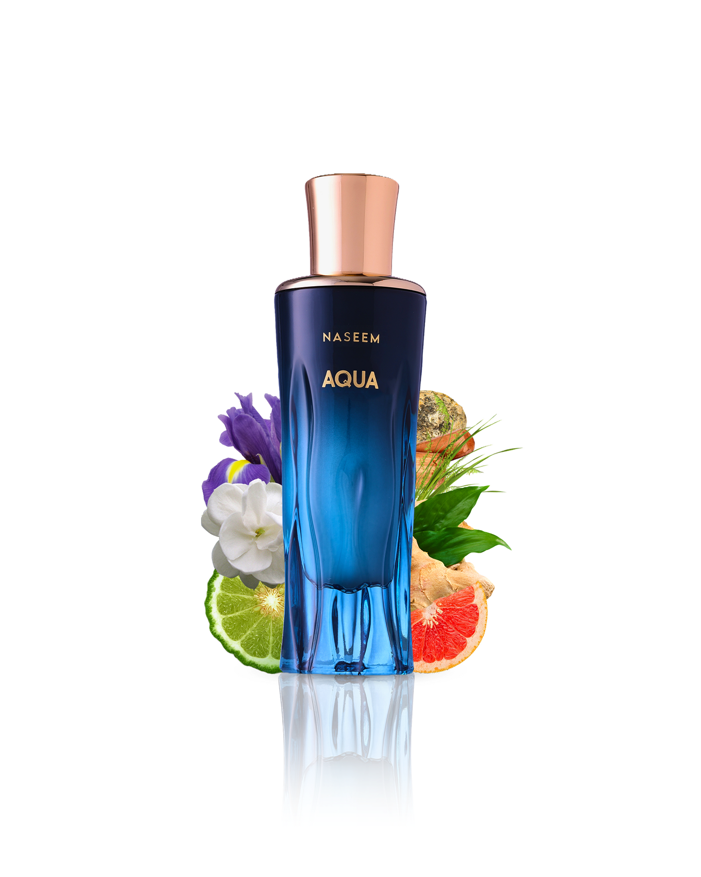 aqua aqua parfume by naseem perfumes bottle surrounded with ingredients like bergamot and garfruits with many more shoes from behind the bottle against white background