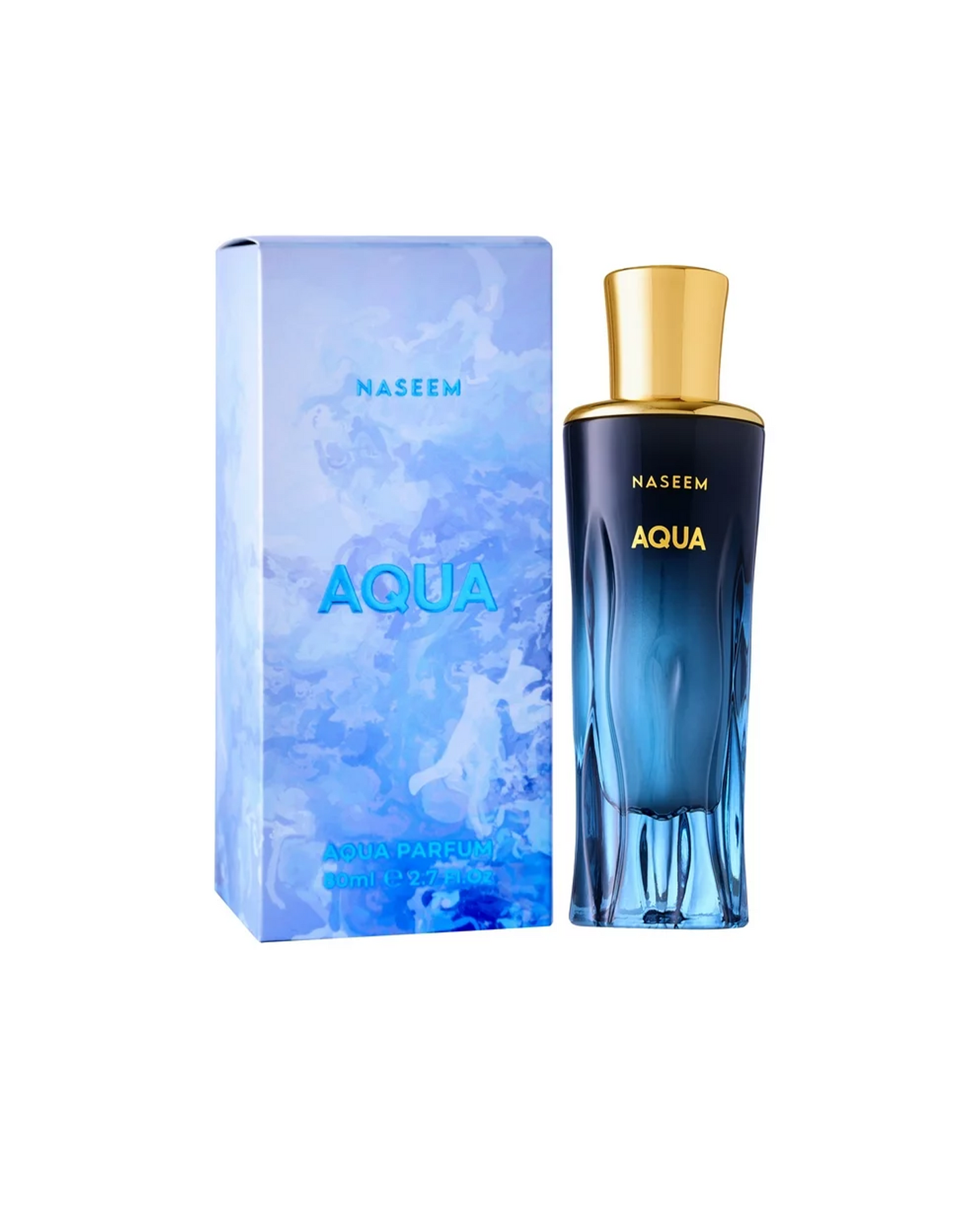 aqua aqua parfume by naseem perfumes bottle beside its box shows against white background