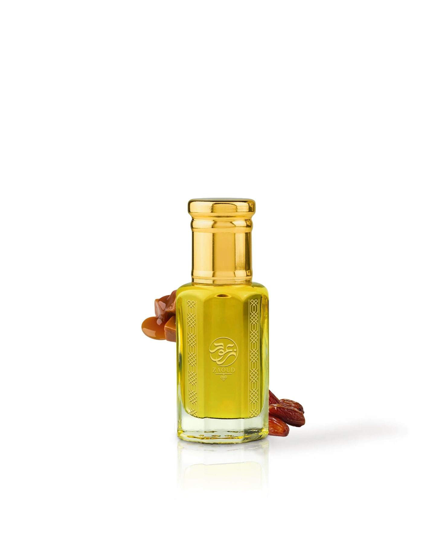arabian dates perfume oil bottle surrounded by fragrance notes like dates and caramel