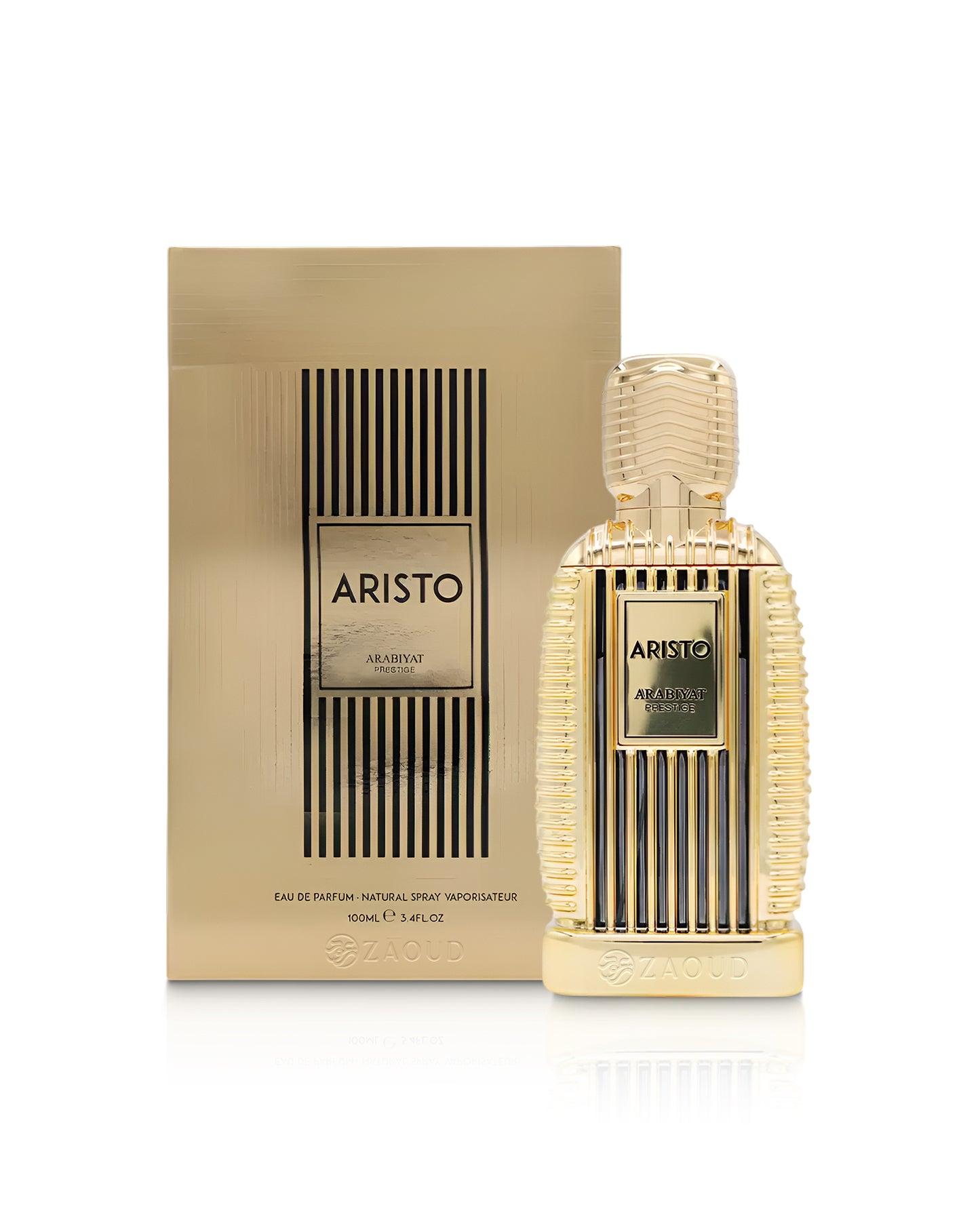 arabiyat prestige aristo perfume bottle shows beside its packaging against white background