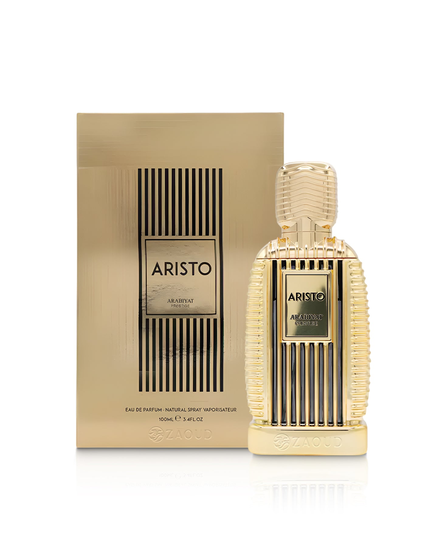 arabiyat prestige aristo perfume bottle shows beside its packaging against white background