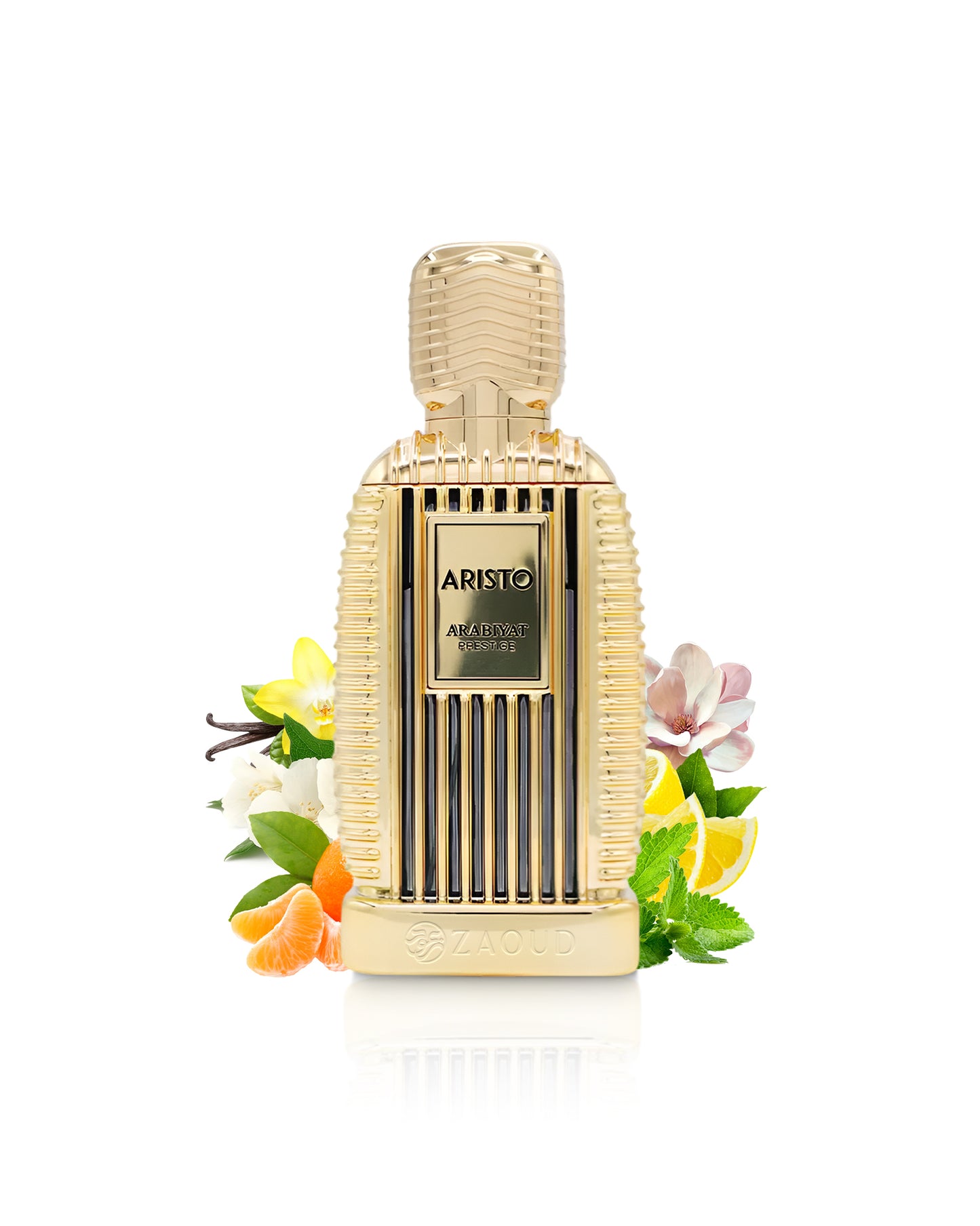 arabiyat prestige aristo perfume bottle surrounded by fragrance notes like fruits and flowers shows against white background
