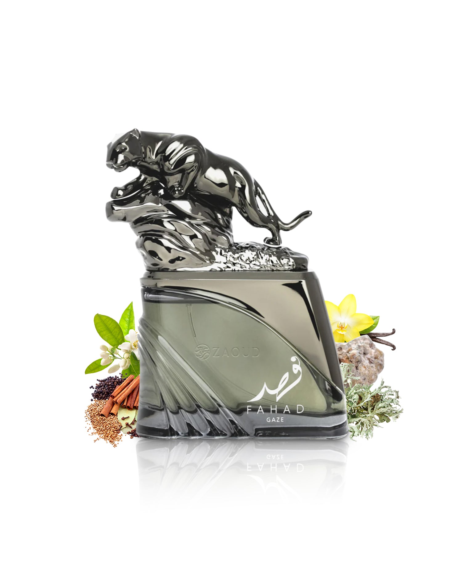 arabiyat prestige fahad gaze Perfume bottle with tiger design surrounded by spices and vanilla on a white background