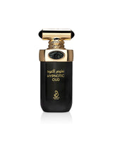 arabiyat prestige Perfume bottle labeled 'Hypnotic Oud' with gold cap on a white background