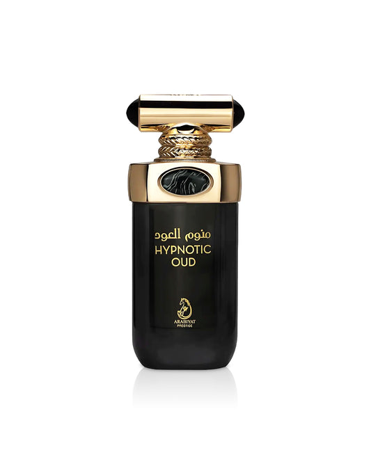 arabiyat prestige Perfume bottle labeled 'Hypnotic Oud' with gold cap on a white background