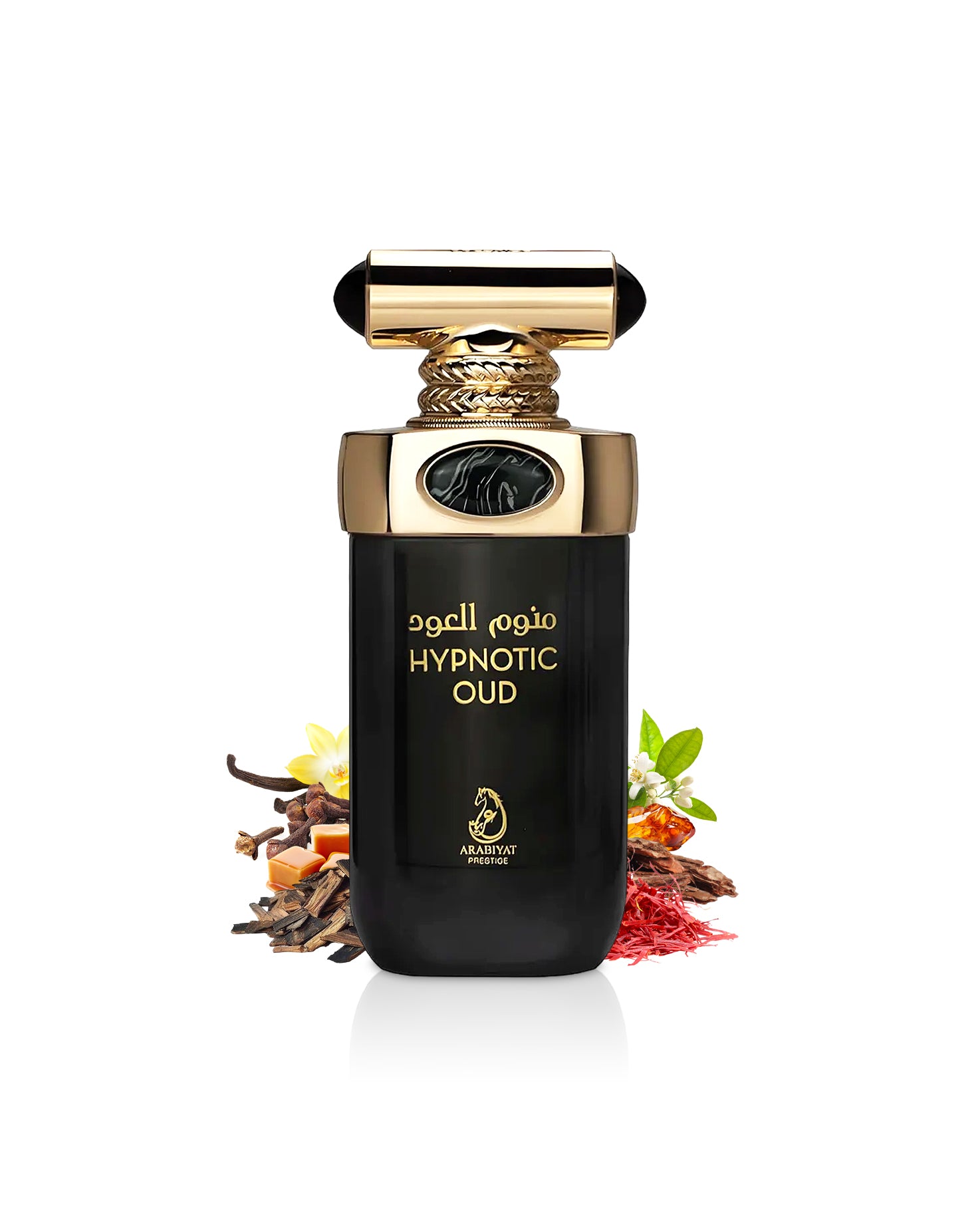 Arabiyat Prestige HYPNOTIC OUD perfume bottle surrounded with fragrance notes like saffron and caramel shows from behind the bottle against white background