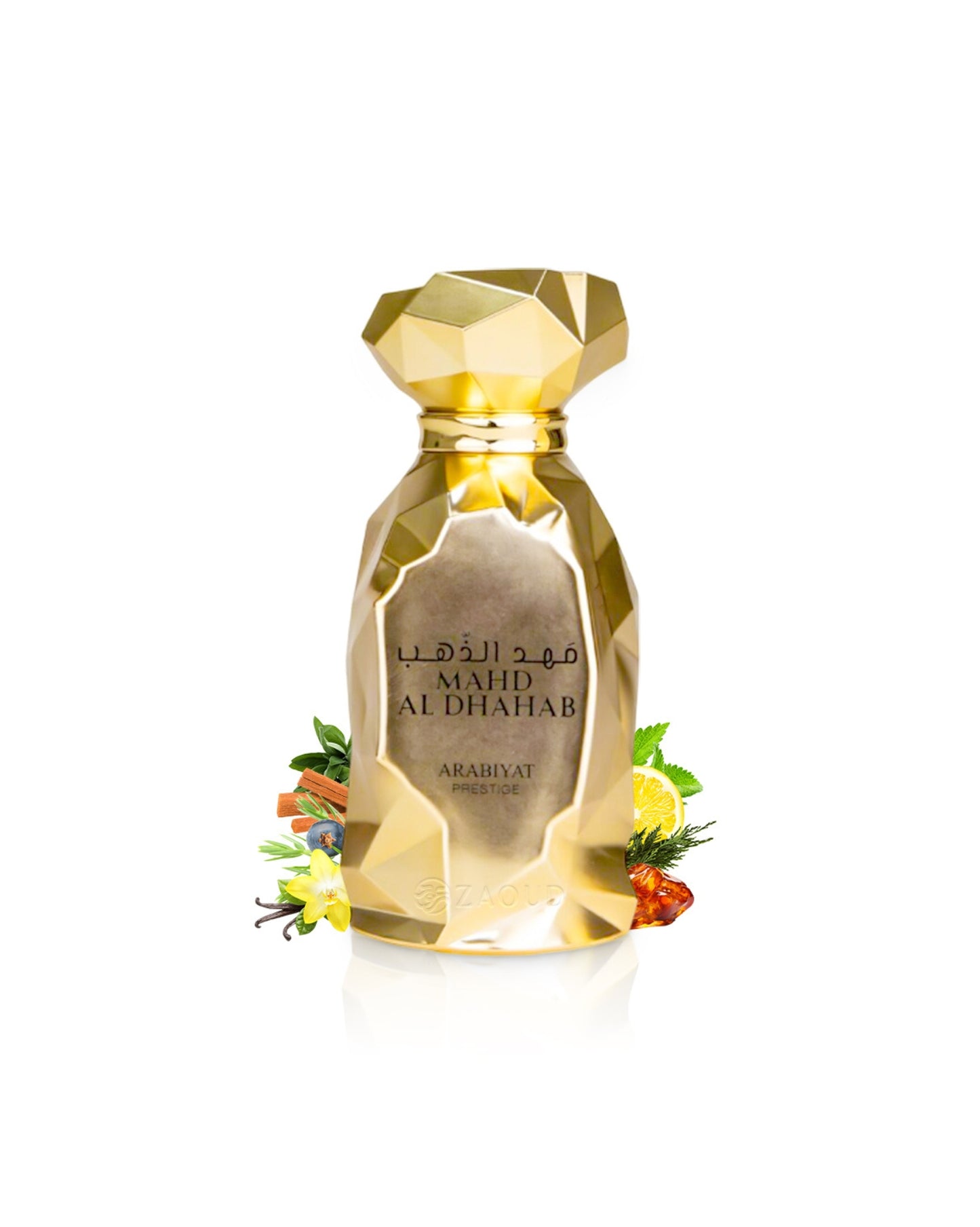 Arabiyat Prestige MAHD AL DHAHAB perfume bottle surrounded by fragrance notes like amber and vanilla shows against white background