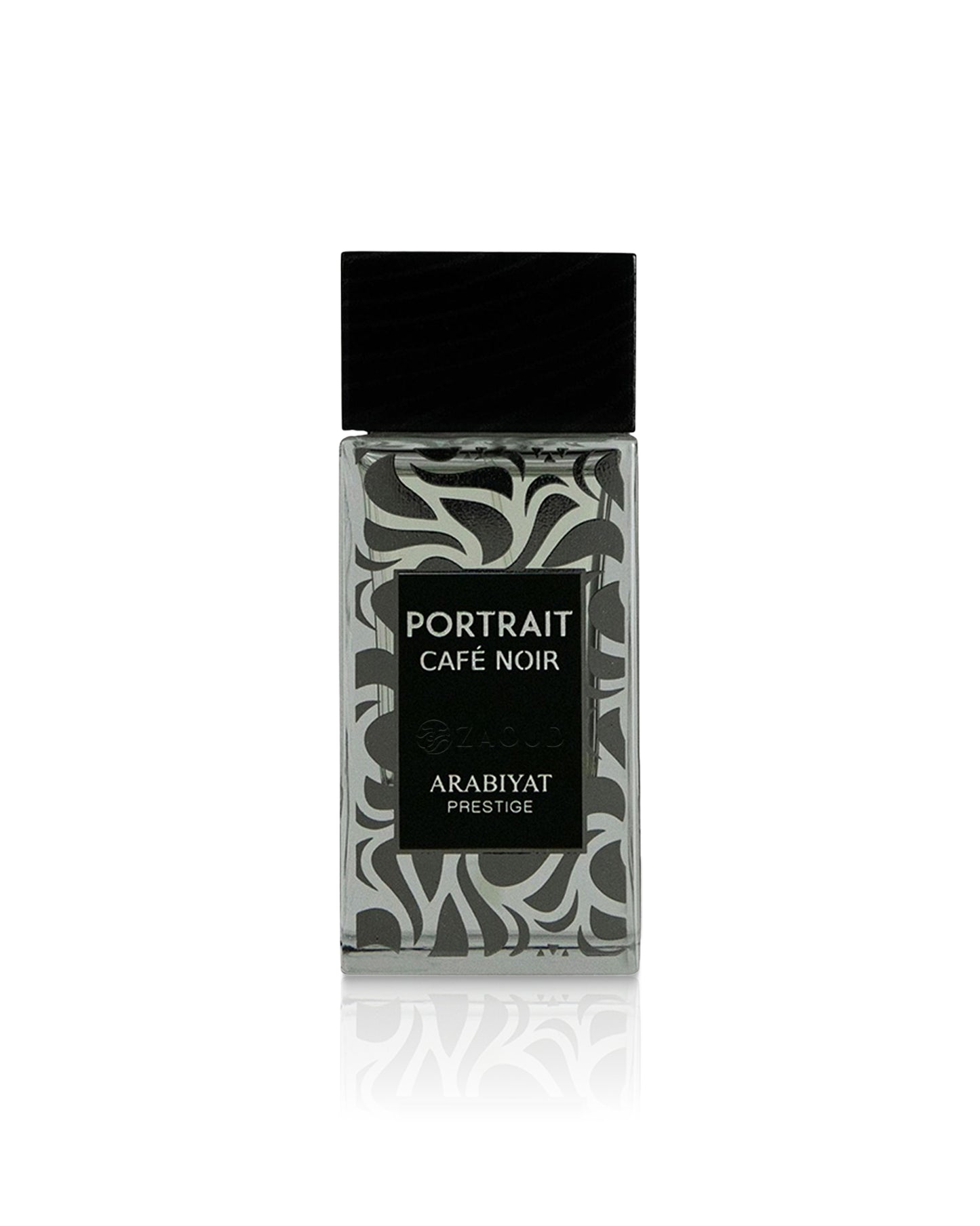 A rectangular glass bottle of Arabiyat Prestige Portrait Cafe Noir fragrance, featuring a black cap and a black label over a gray and white abstract patterned background, set against a plain white background with a soft reflection below.