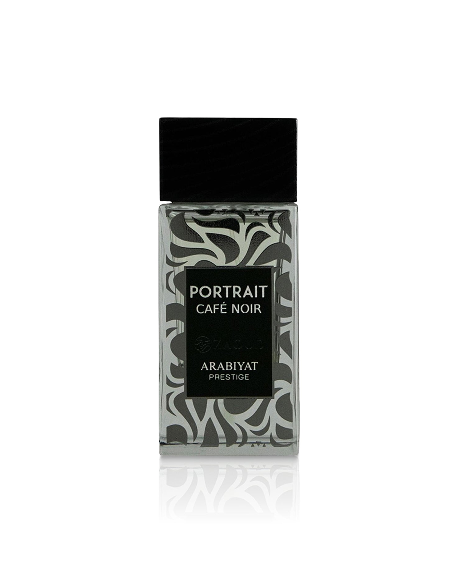 A rectangular glass bottle of Arabiyat Prestige Portrait Cafe Noir fragrance, featuring a black cap and a black label over a gray and white abstract patterned background, set against a plain white background with a soft reflection below.