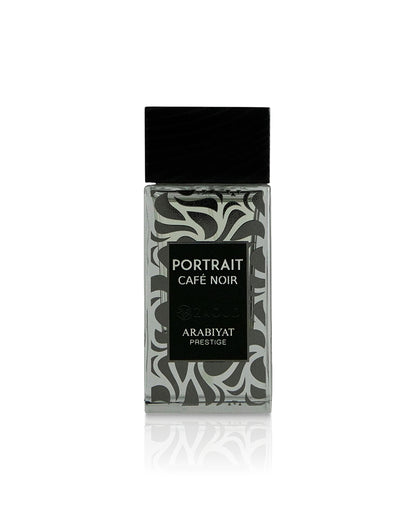 A rectangular glass bottle of Arabiyat Prestige Portrait Cafe Noir fragrance, featuring a black cap and a black label over a gray and white abstract patterned background, set against a plain white background with a soft reflection below.