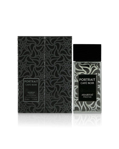 Portrait Cafe Noir Arabiyyat Prestige cologne set, featuring a black patterned box and a clear glass bottle with a black cap on a white background.