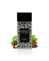 A rectangular perfume bottle labeled 'PORTRAIT CAFE NOIR' by 'ARABIYAT PRESTIGE', featuring a black cap and a black-and-white patterned glass body. The bottle is centered on a white background with decorative citrus, berries, and spices arranged around its base.