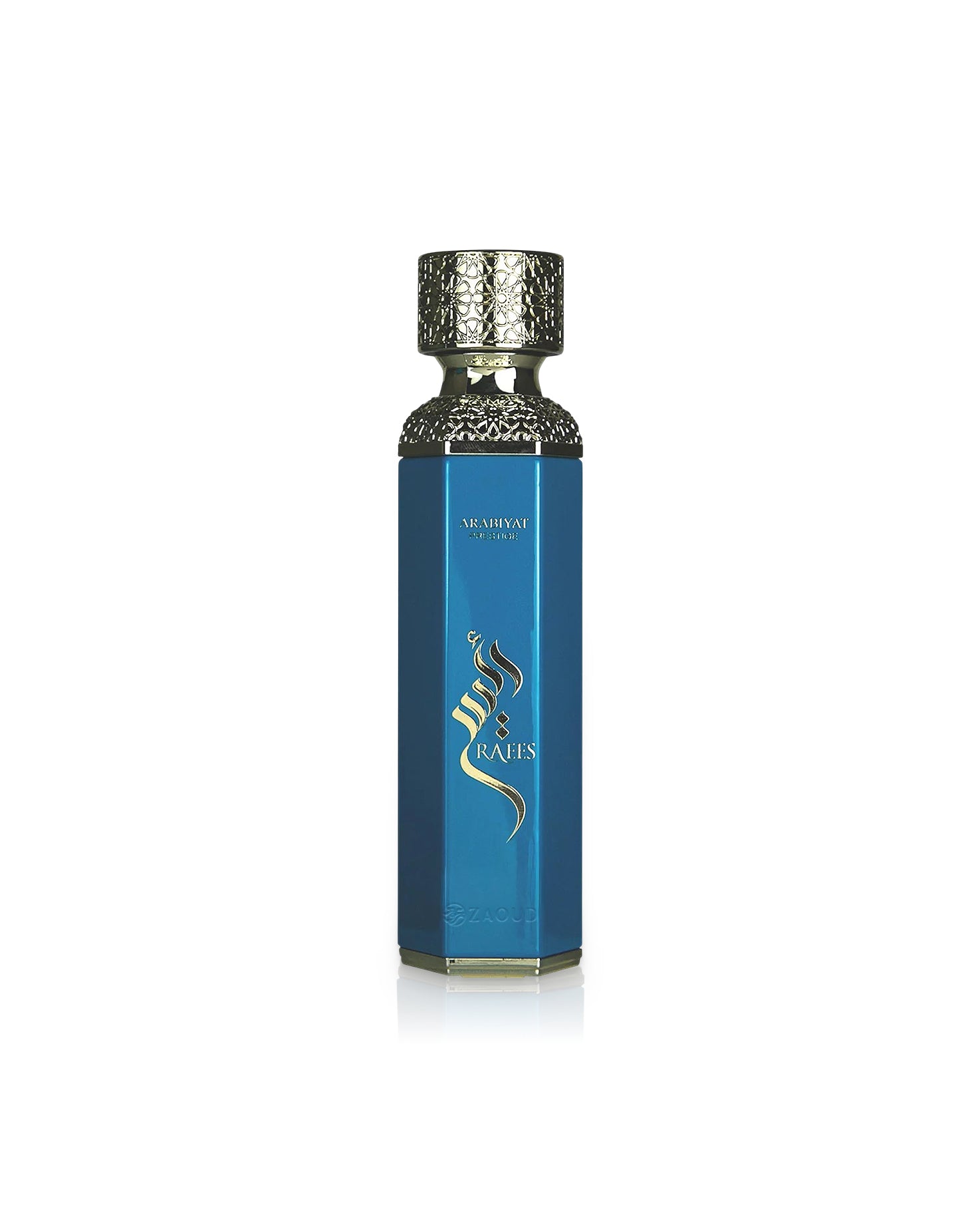 Arabiyat prestige raees blue perfume bottle shows against white background