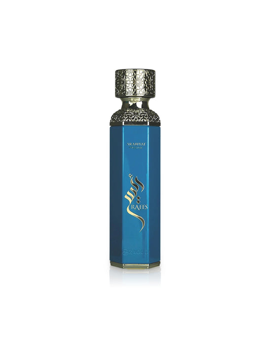Arabiyat prestige raees blue perfume bottle shows against white background