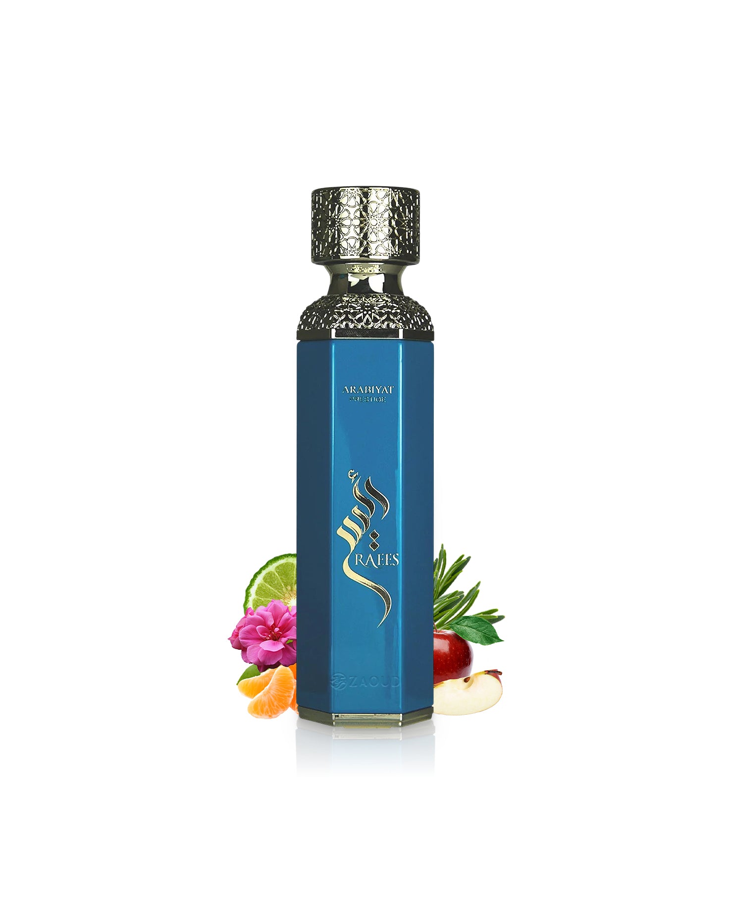 Arabiyat prestige raees blue perfume bottle surrounded by fragrance notes like apple and citrus shows against white background
