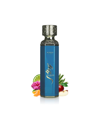 Arabiyat prestige raees blue perfume bottle surrounded by fragrance notes like apple and citrus shows against white background