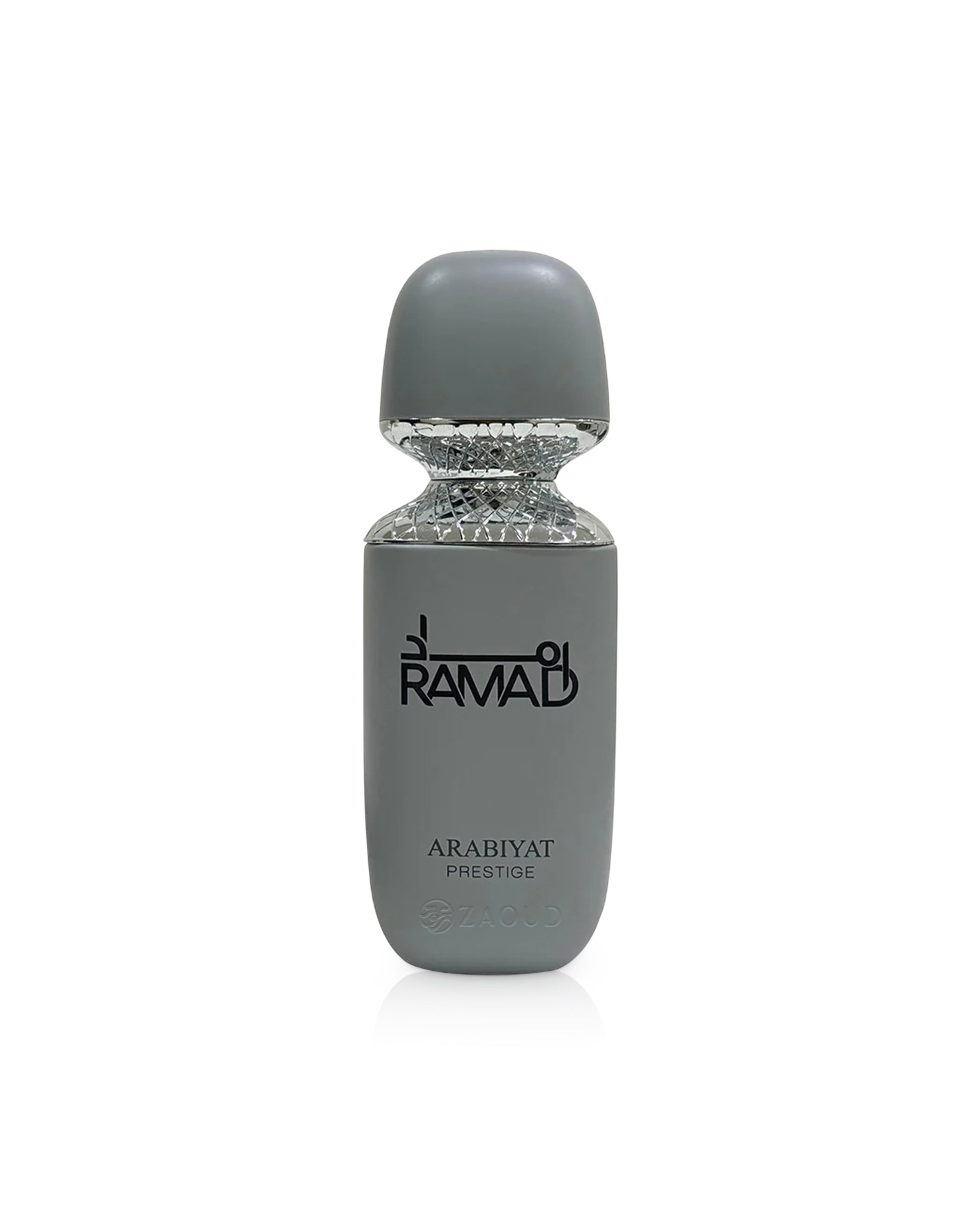 arabiyat prestige ramad perfume gray bottle shows against white background