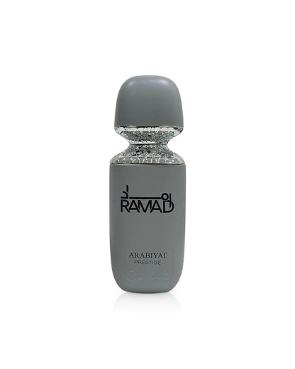 arabiyat prestige ramad perfume gray bottle shows against white background