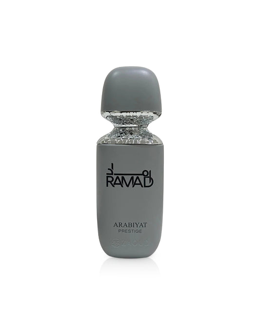 arabiyat prestige ramad perfume gray bottle shows against white background
