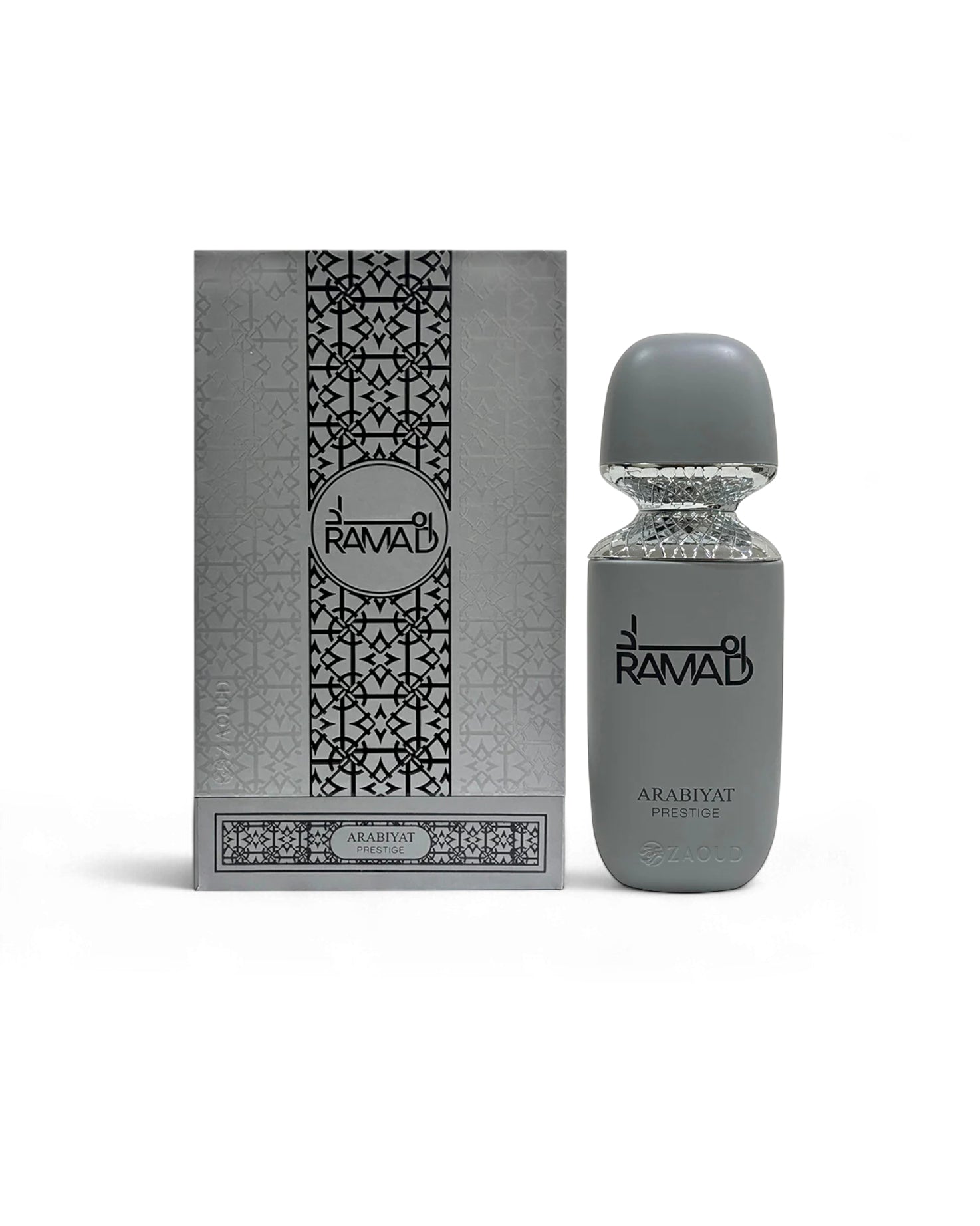 arabiyat prestige ramad perfume gray bottle shows beside packaging against white background
