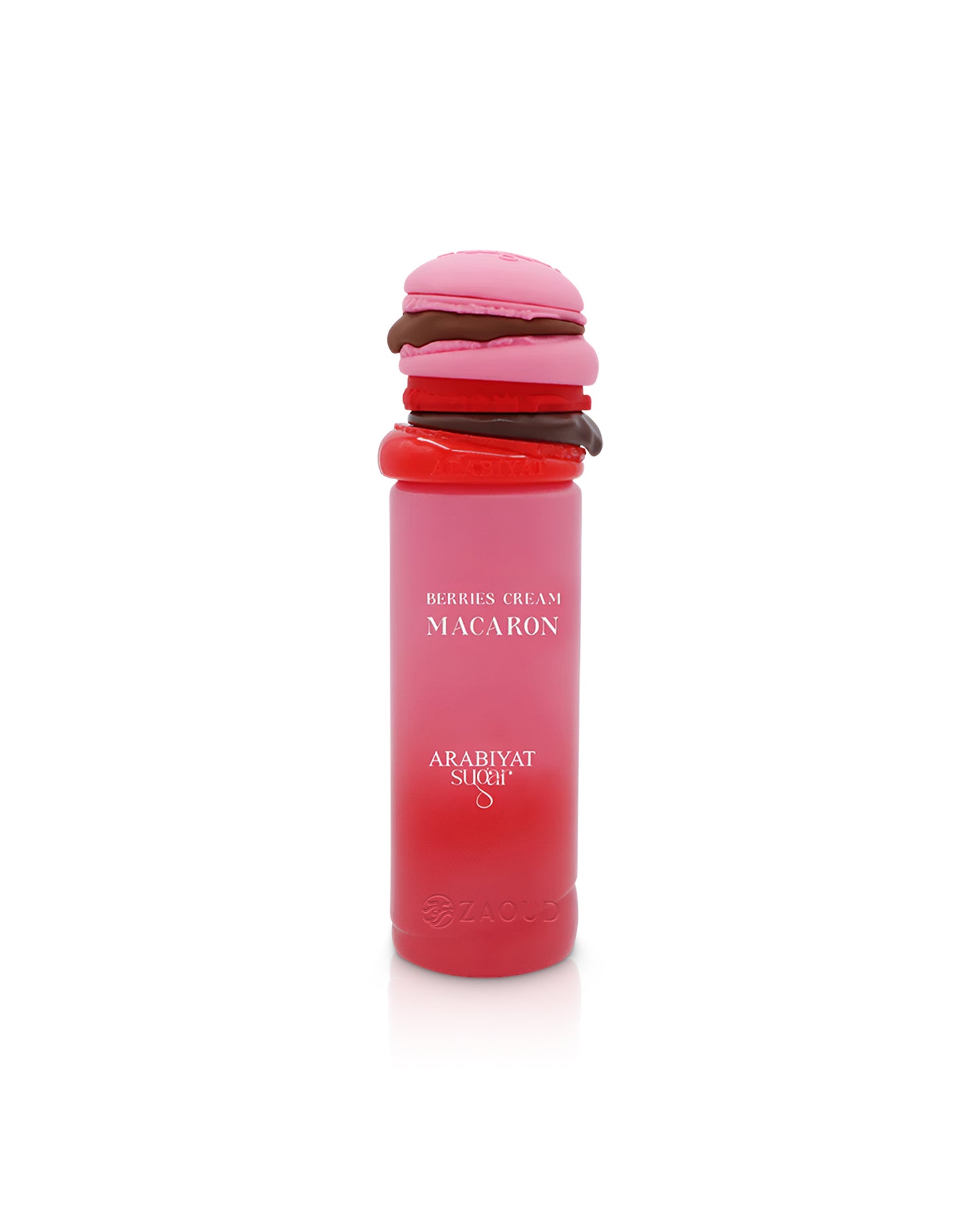 Pink macaron-shaped arabiyat sugar berries cream macaron perfume bottle shows against white background