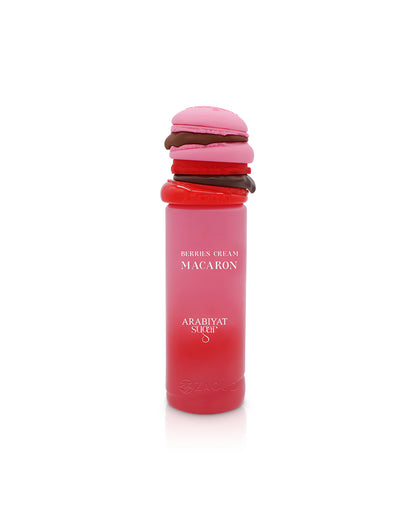 Pink macaron-shaped arabiyat sugar berries cream macaron perfume bottle shows against white background