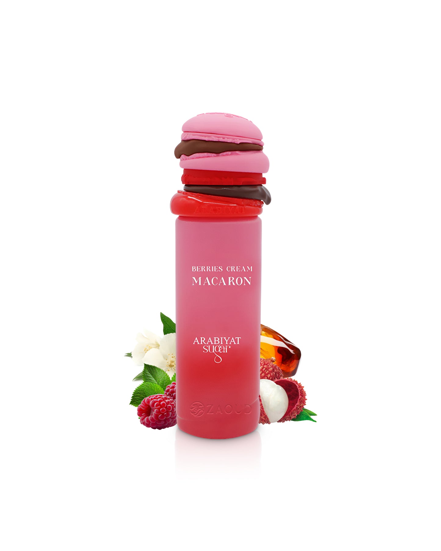 Pink macaron-shaped arabiyat sugar berries cream macaron perfume bottle surrounded by fragrance notes like raspberry and lychee shows against white background