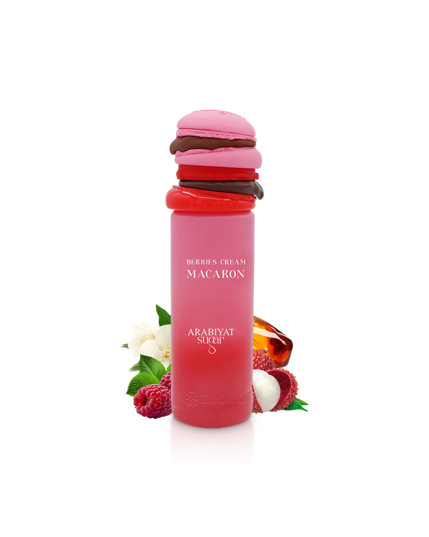 Pink macaron-shaped arabiyat sugar berries cream macaron perfume bottle surrounded by fragrance notes like raspberry and lychee shows against white background