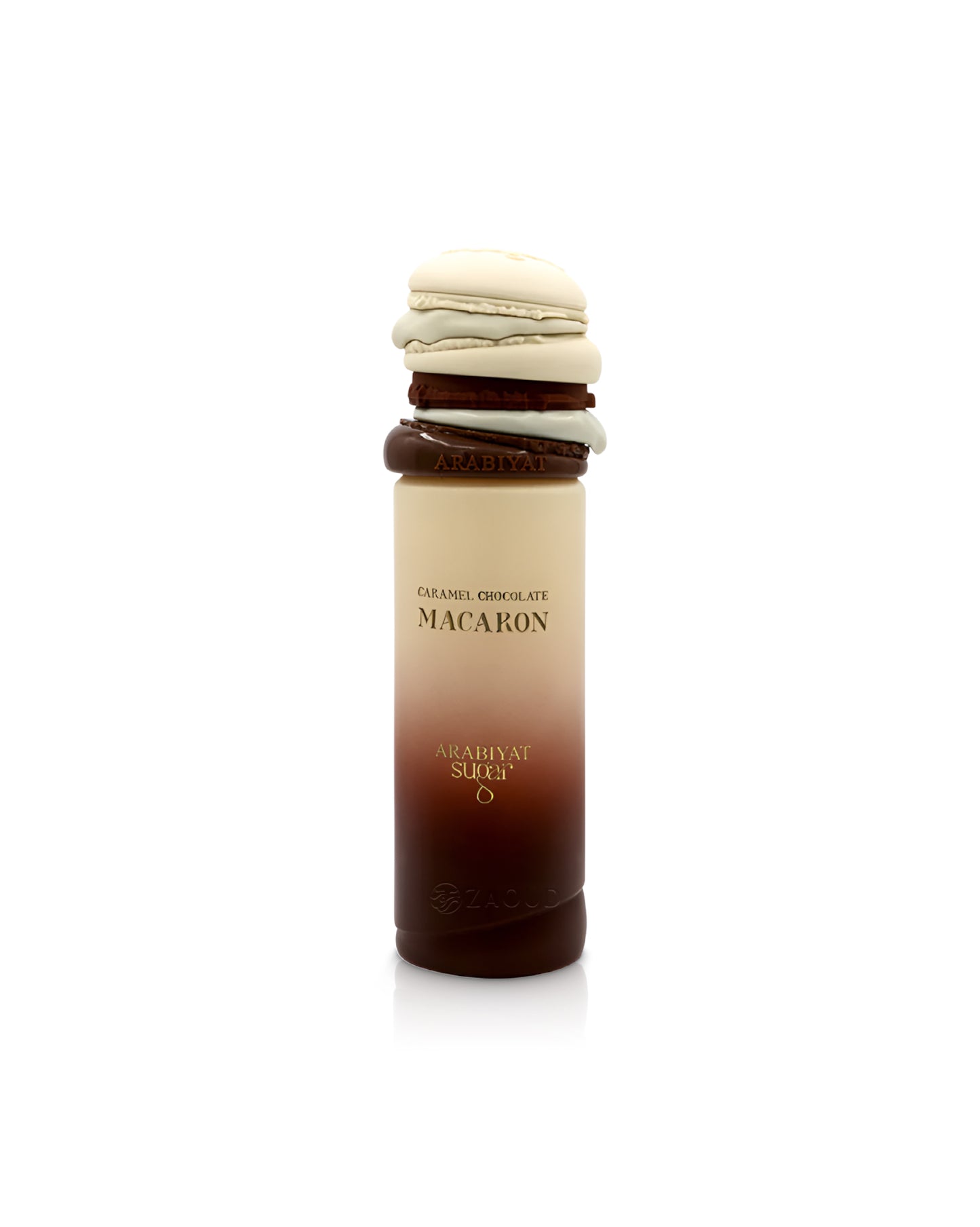 Macaron-shaped container with arabiyat sugar Caramel Chocolate Macaron perfume bottle on a white background