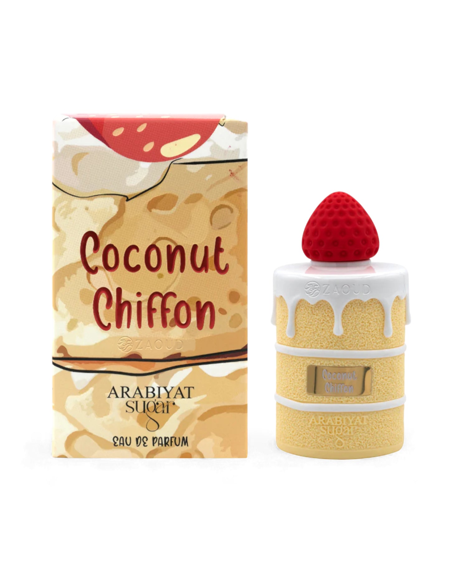 arabiyat sugar coconut chiffon perfume bottle shows beside packaging against white background