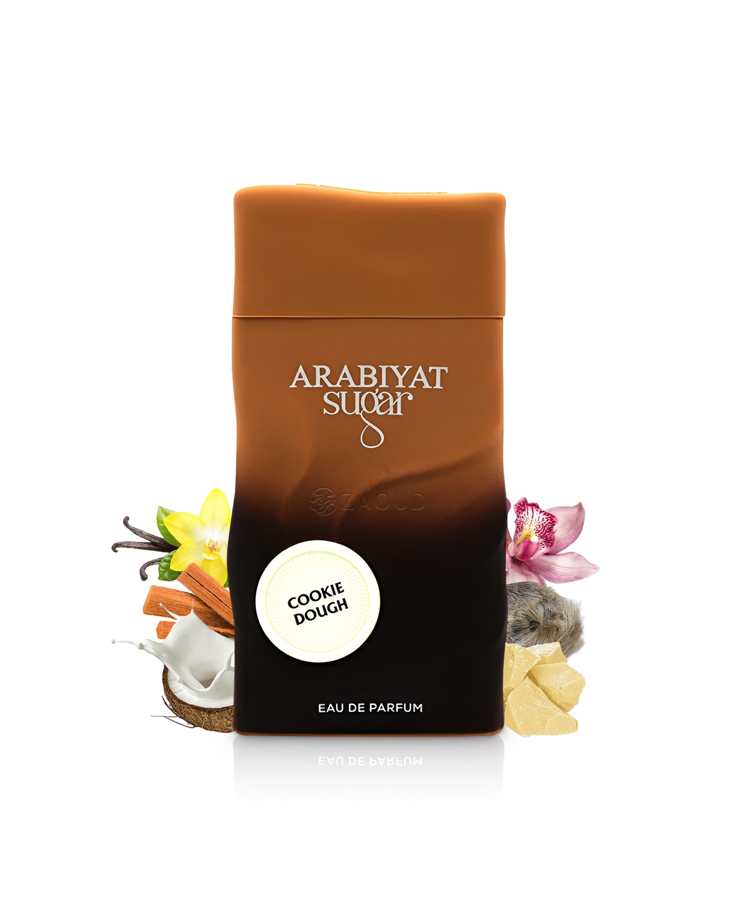 arabiyat sugar cookie dough perfume bottle surrounded by fragrance notes like coconut milk and vanilla shows against white background