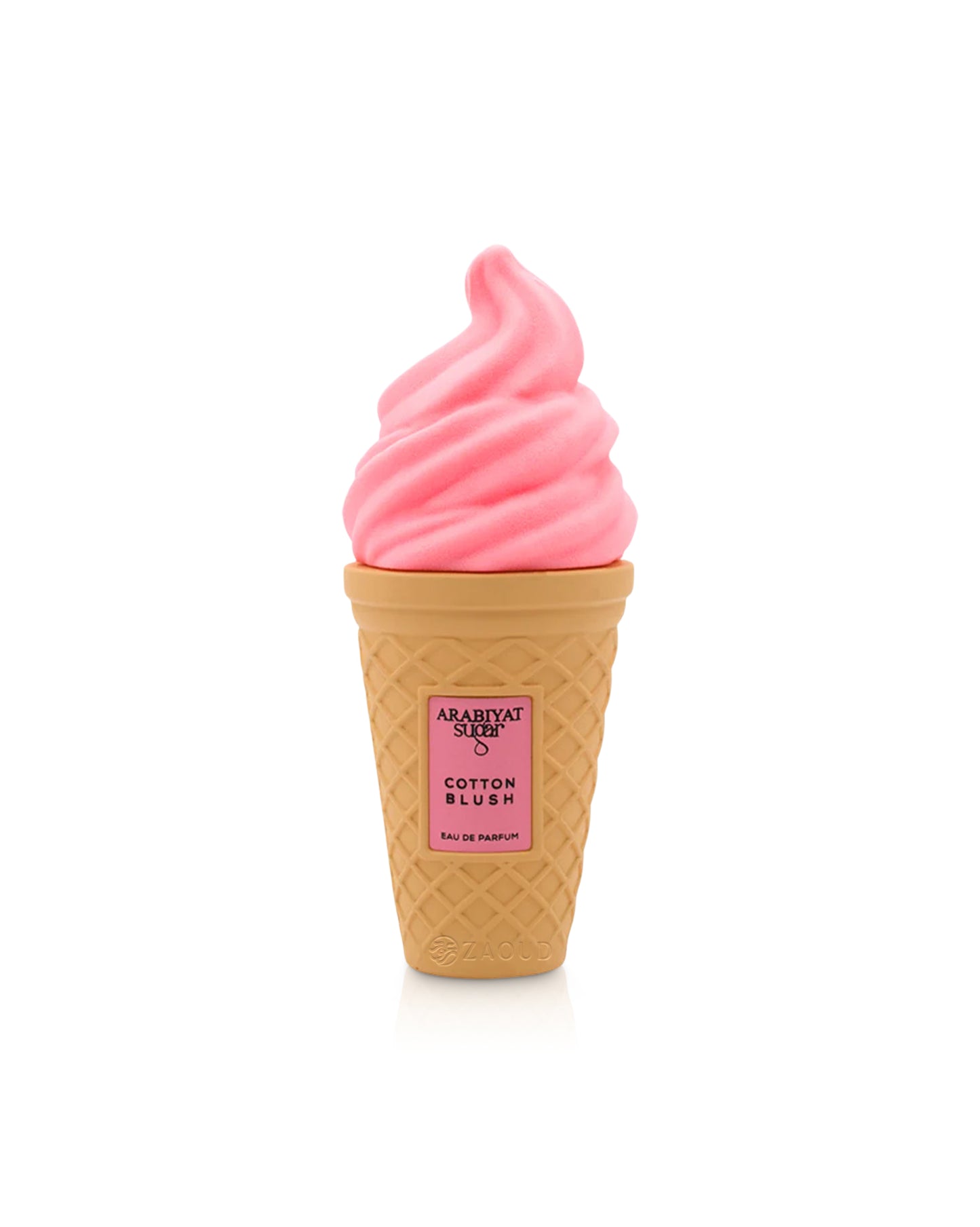 Pink ice cream cone-shaped arabiyat sugar cotton blush perfume bottle shows on a white background