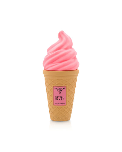 Pink ice cream cone-shaped arabiyat sugar cotton blush perfume bottle shows on a white background