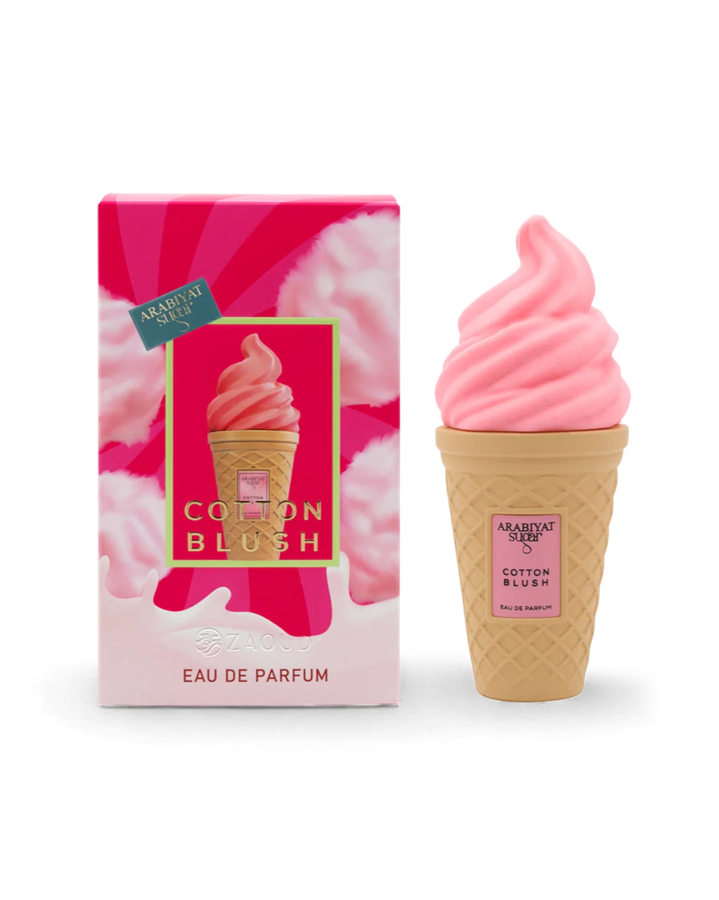 Pink ice cream cone-shaped arabiyat sugar cotton blush perfume bottle with packaging labeled 'Cotton Blush' on a white background.