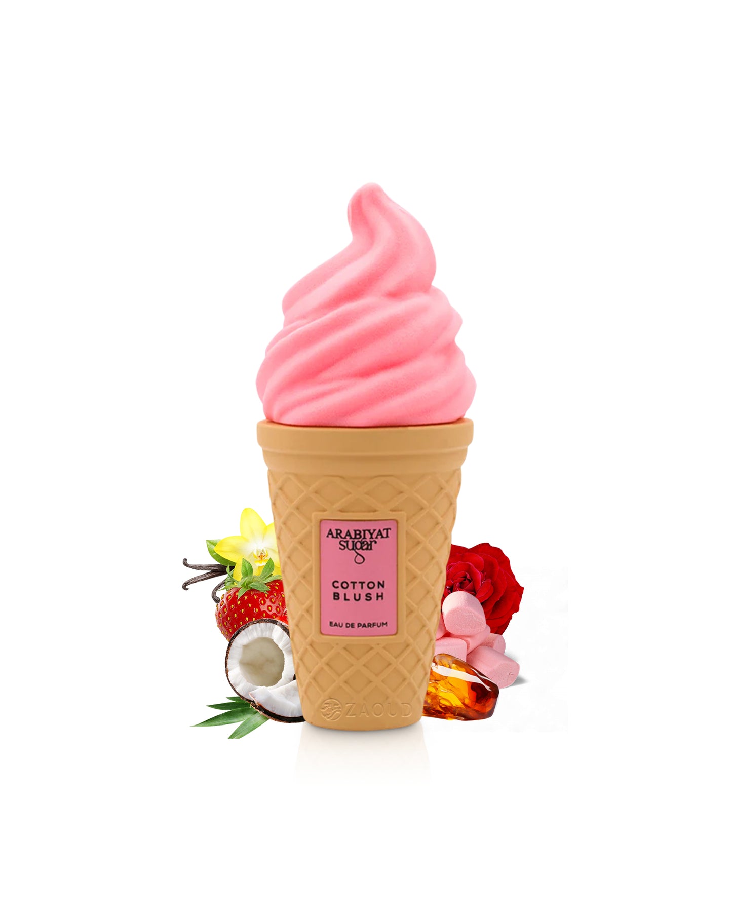 Pink ice cream cone-shaped arabiyat sugar cotton blush perfume bottle surrounded by flowers and coconut on a white background