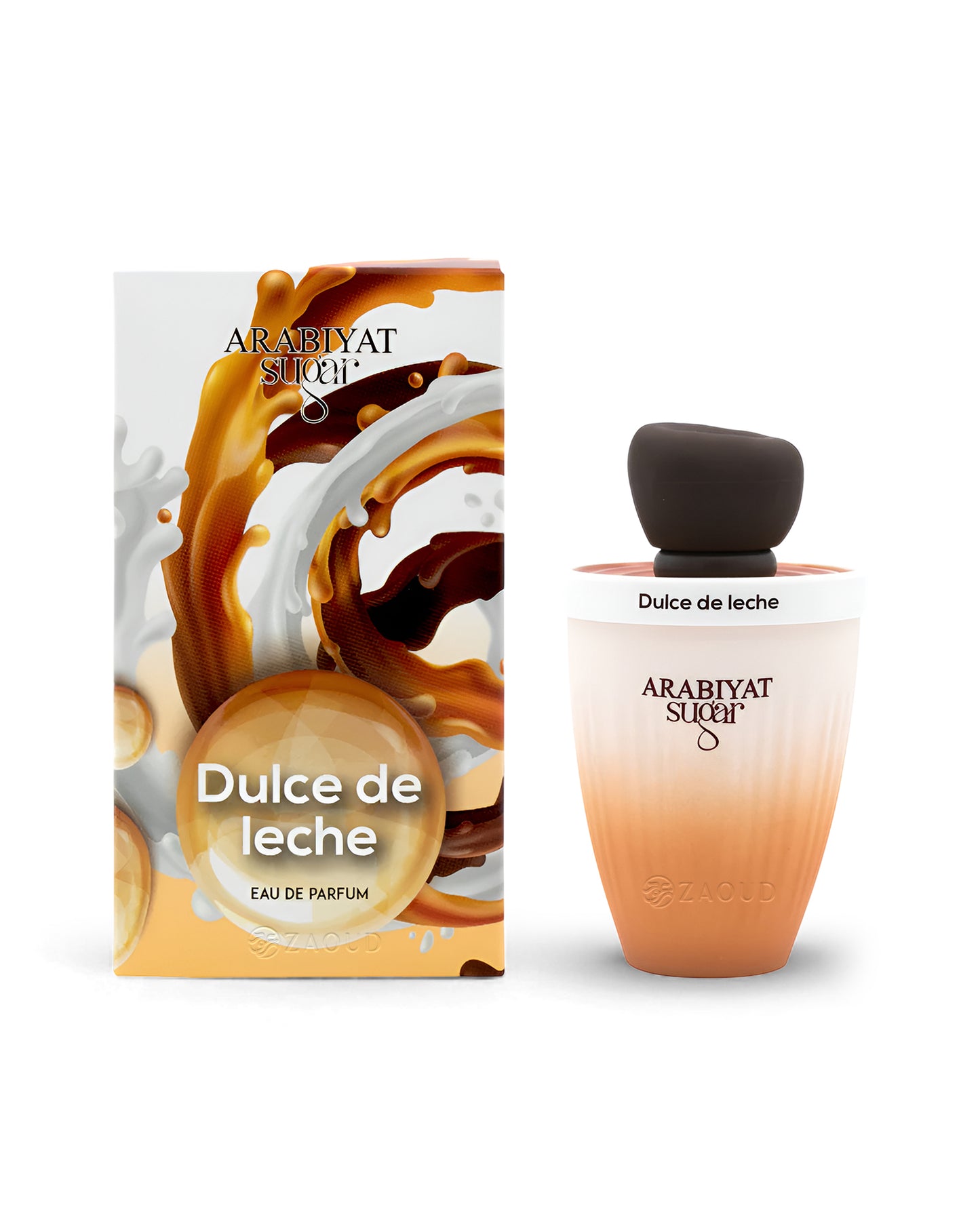 arabiyat sugar dulce de leche perfume bottle shows beside its packaging against white background