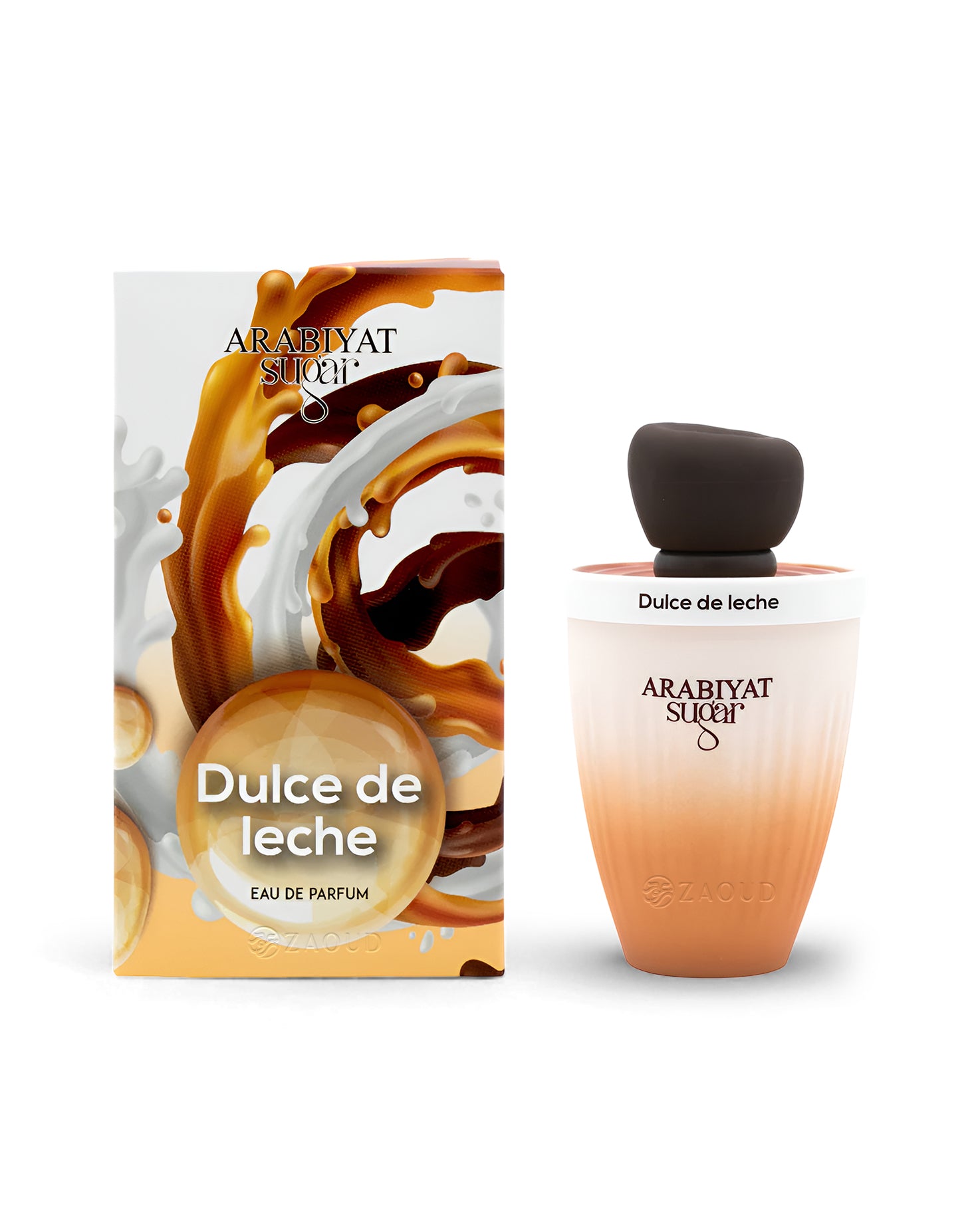 arabiyat sugar dulce de leche perfume bottle shows beside its packaging against white background