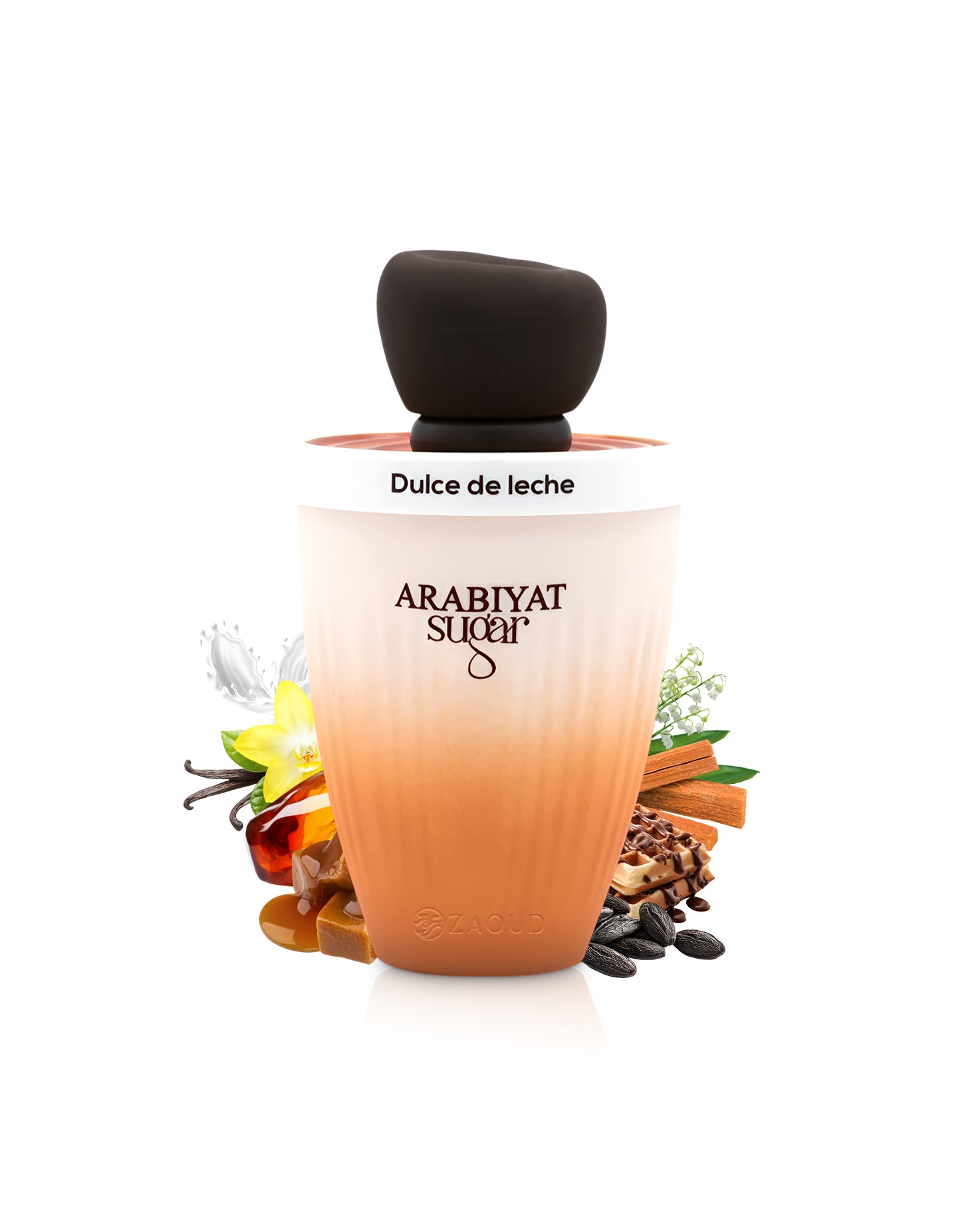 arabiyat sugar dulce de leche perfume bottle surrounded by fragrance notes like caramel and tonka shows against white background