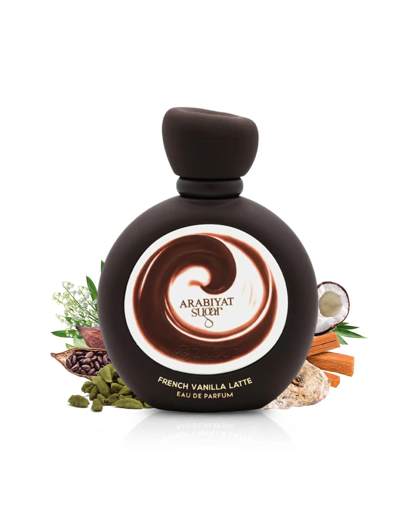 arabiyat sugar french vanilla latte perfume bottle surrounded by fragrance notes like cardamom and coconut shows against white background