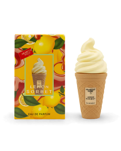arabiyat sugar lemon sorbet perfume bottle shows beside its packaging against white background