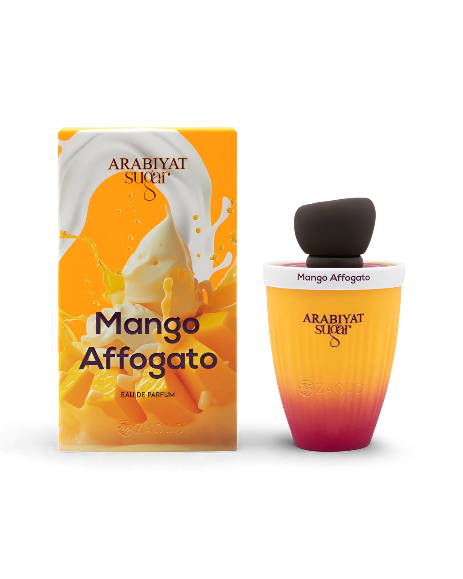 arabiyat sugar mango affogato perfume bottle shows beside its packaging against white background