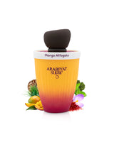 arabiyat sugar mango affogato perfume bottle surrounded by fragrance notes like mango and saffron shows against white background