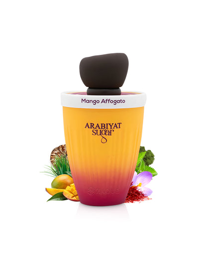 arabiyat sugar mango affogato perfume bottle surrounded by fragrance notes like mango and saffron shows against white background
