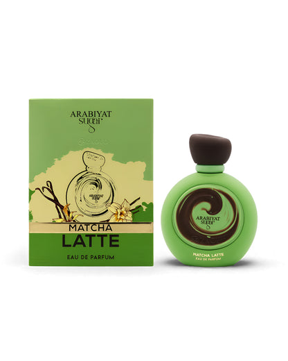 arabiyat sugar matcha latte perfume bottle shows beside its packaging against white background