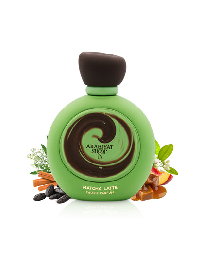 arabiyat sugar matcha latte perfume bottle surrounded by fragrance notes like caramel and tonka shows against white background