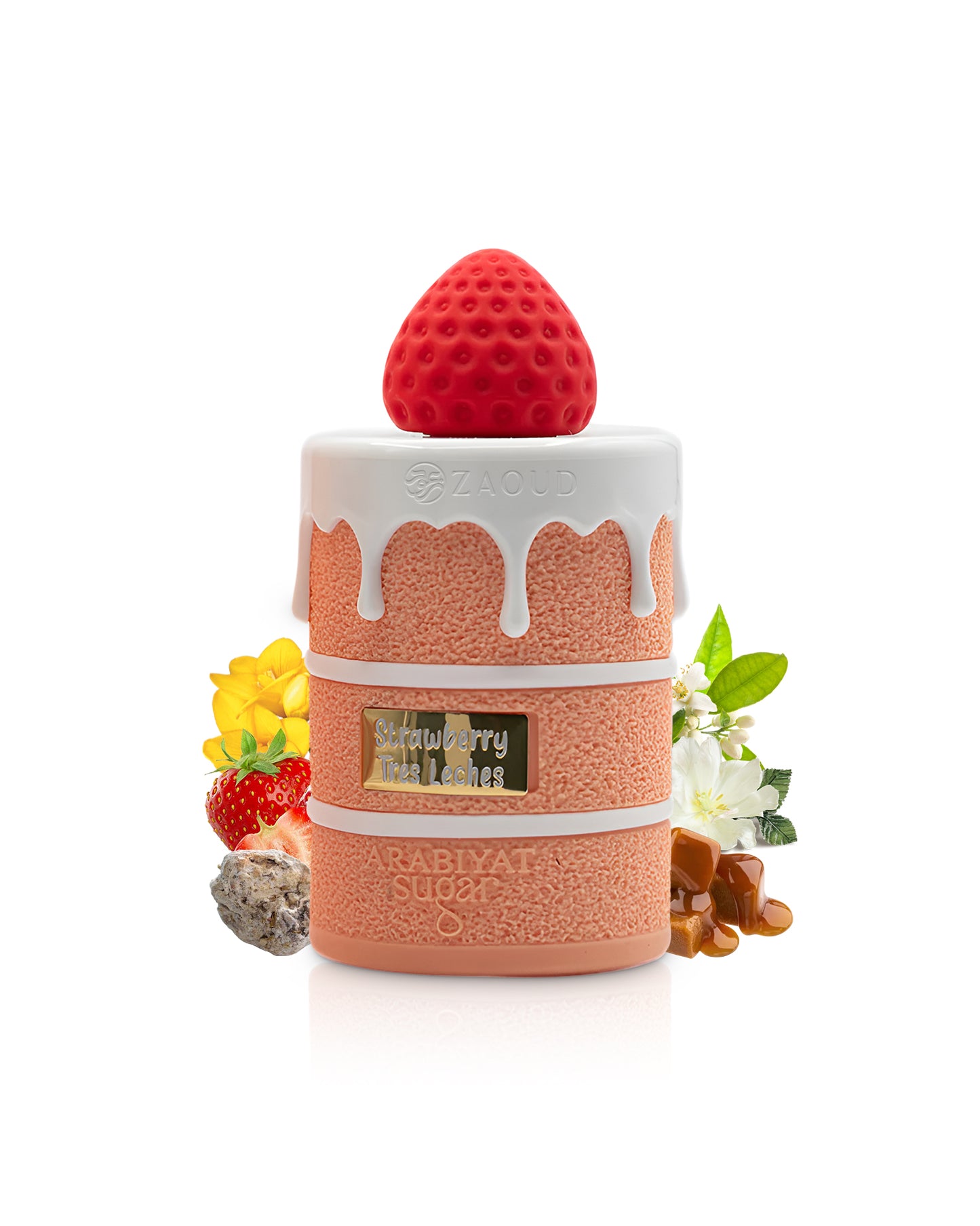 arabiyat sugar strawberry tres leches perfume bottle surrounded by fragrance notes like strawberry and caramel shows against white background
