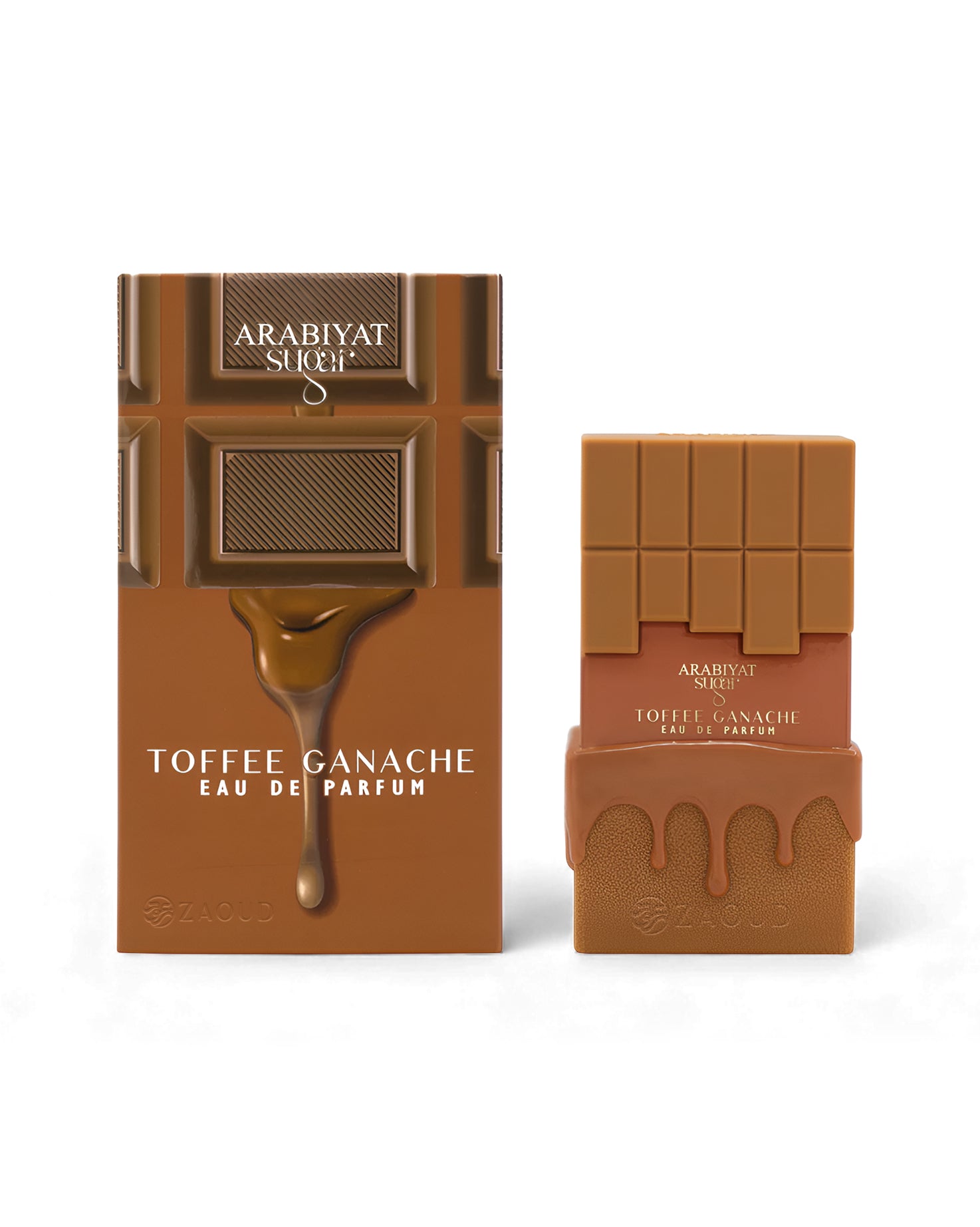 arabiyat sugar toffee ganache perfume bottle shows beside its packaging against white background