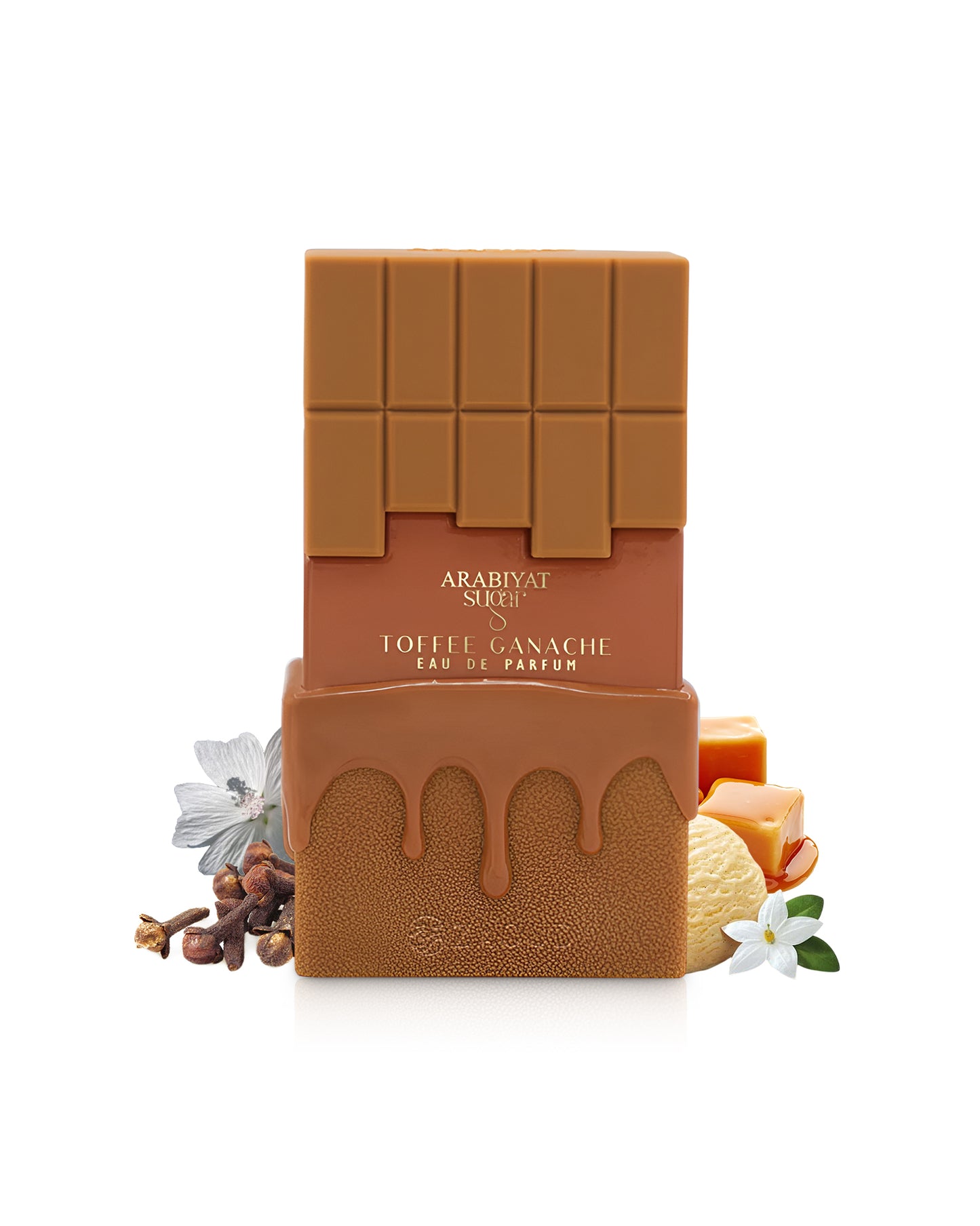 arabiyat sugar toffee ganache perfume bottle surrounded by fragrance notes like cloves and vanilla shows against white background