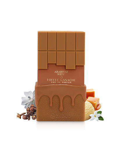 arabiyat sugar toffee ganache perfume bottle surrounded by fragrance notes like cloves and vanilla shows against white background