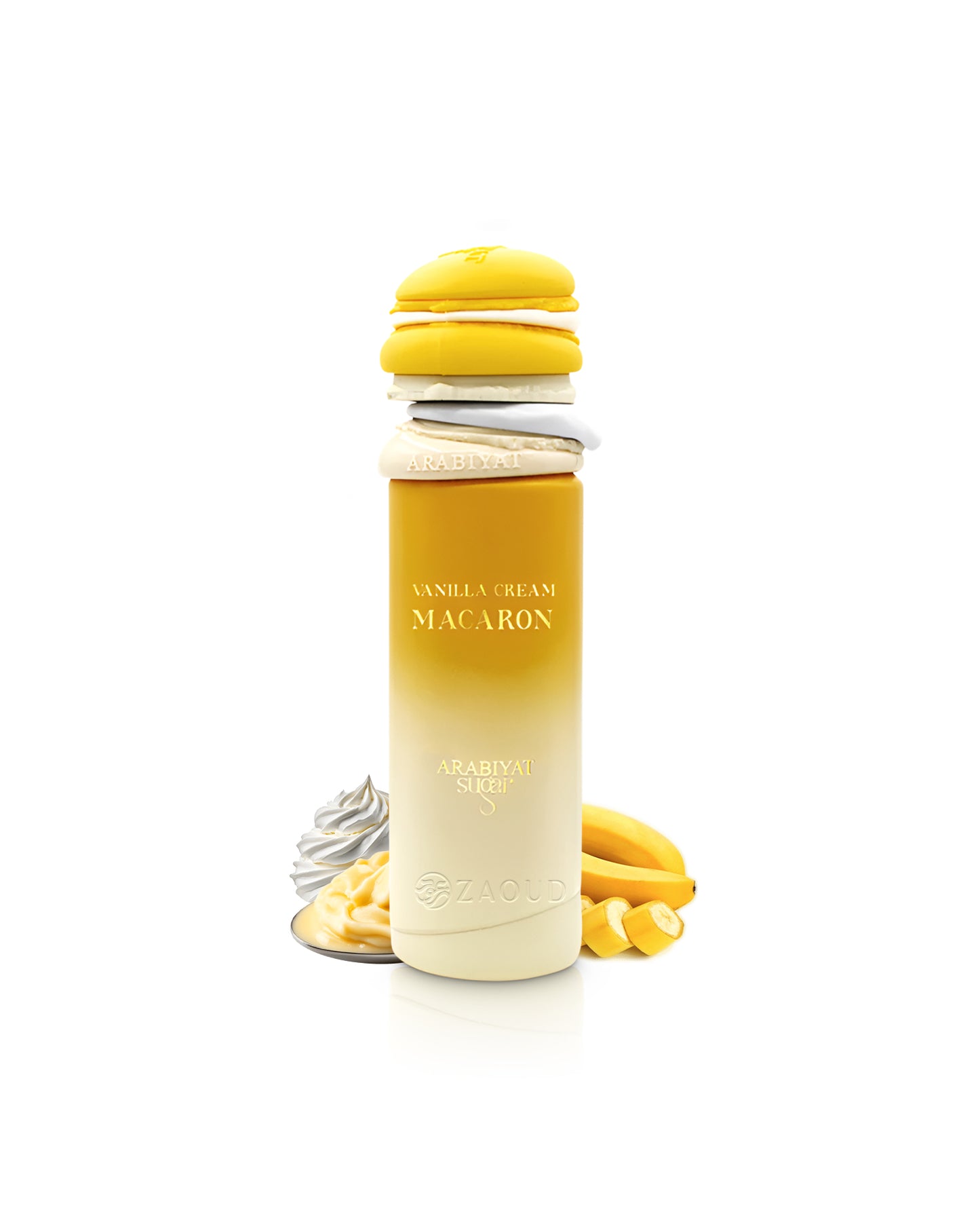 arabiyat sugar vanilla cream macaron perfume bottle surrounded by fragrance notes like banana and cream shows against white background